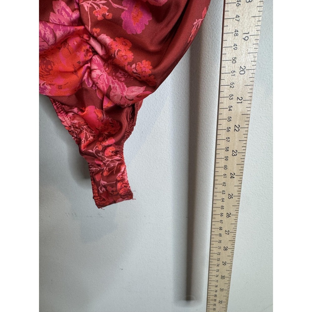 For Love &‎ Lemons Bodysuit Womens Small Red Floral Satin Ruched Puff Sleeve Top - Picture 3 of 10
